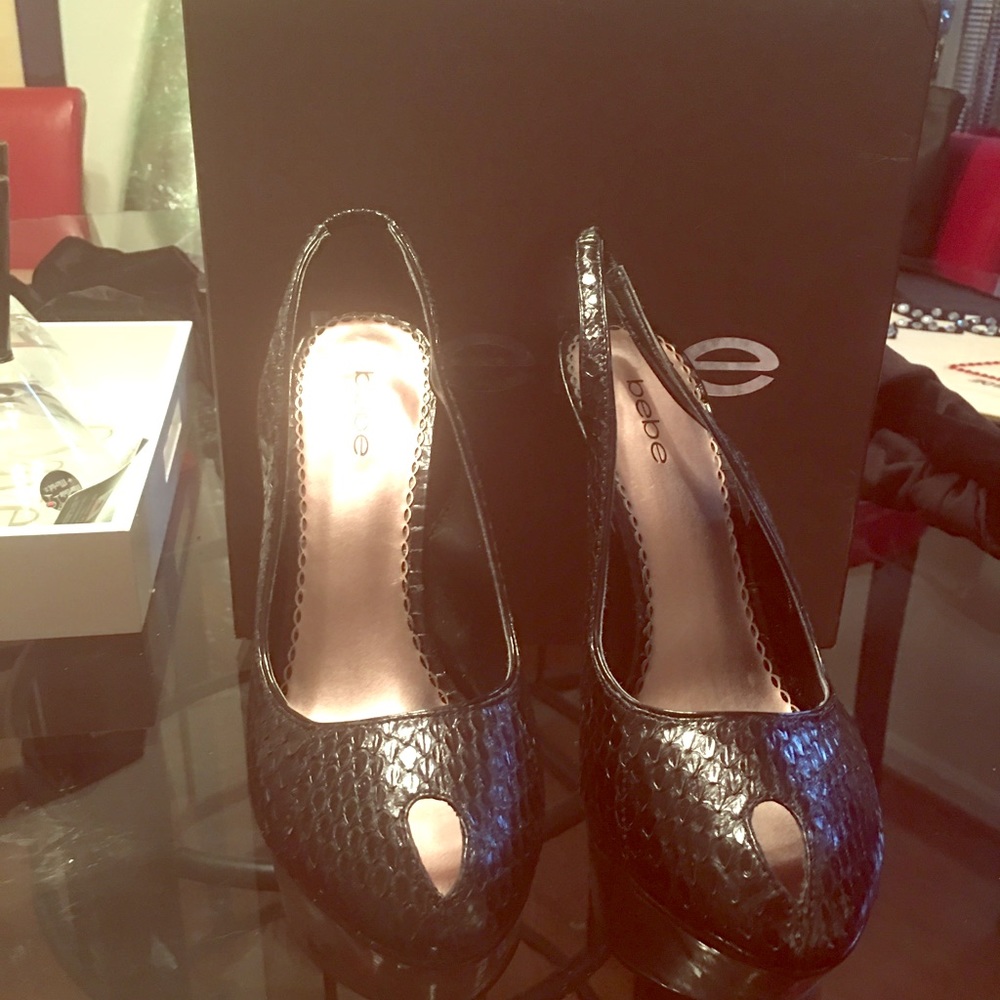 Bebe Black Snake Peeptoe Heels (Size 10)
